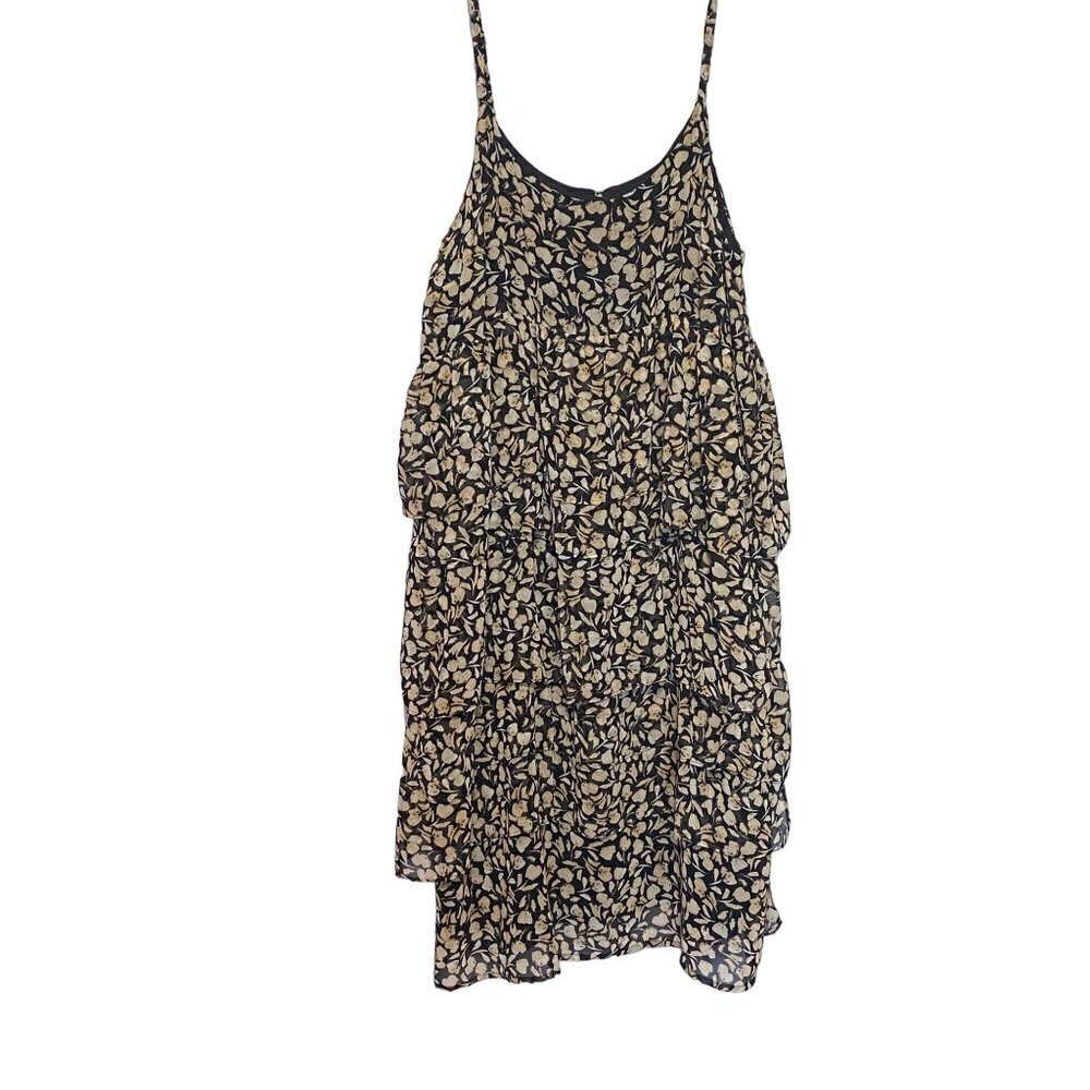 Who What Wear Black and Beige Floral Tiered Ruffle Chiffon Dress Size Medium